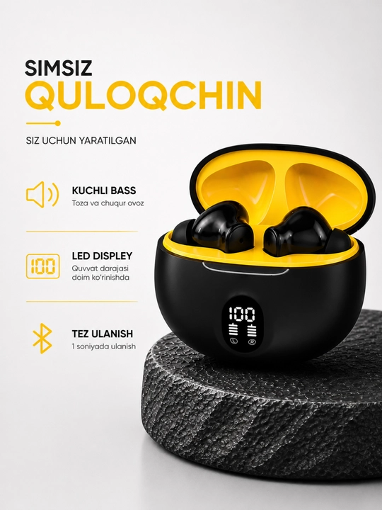 Simsiz Bluetooth quloqchin, kuchli bass, LED displey, tez ulanish