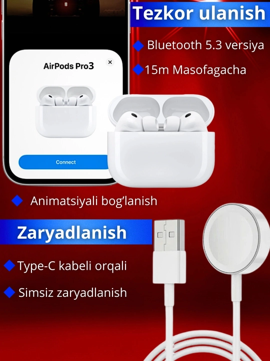 Pods Pro 3 simsiz quloqchinlari, Android va iPhone uchun Bluetooth sensorli quloqchinlar - 