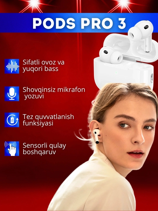Pods Pro 3 simsiz quloqchinlari, Android va iPhone uchun Bluetooth sensorli quloqchinlar
