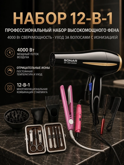 Профессиональный фен 12 в 1 4000W с ионизацией и насадками для укладки — DS998-CHUIFJI78