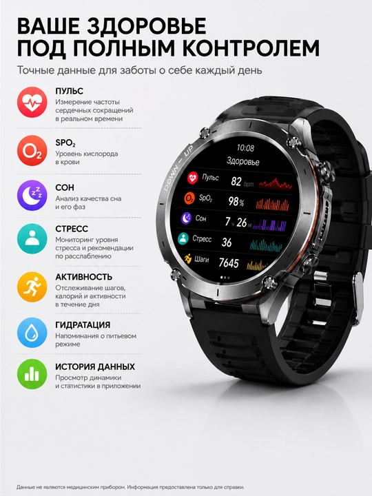 Смарт-часы с GPS, AMOLED 1.43”, IP68/3ATM, звонки, металлический корпус, Bluetooth