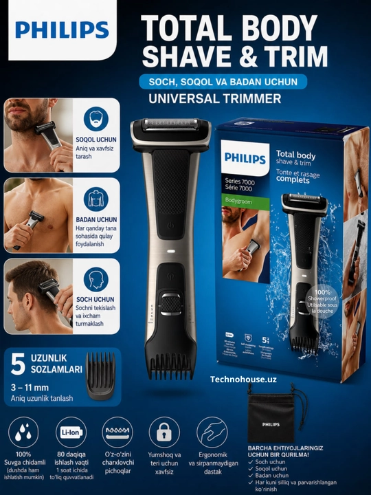 Philips Bodygroom trimmer BG7025 tana va soch soqol uchun - 