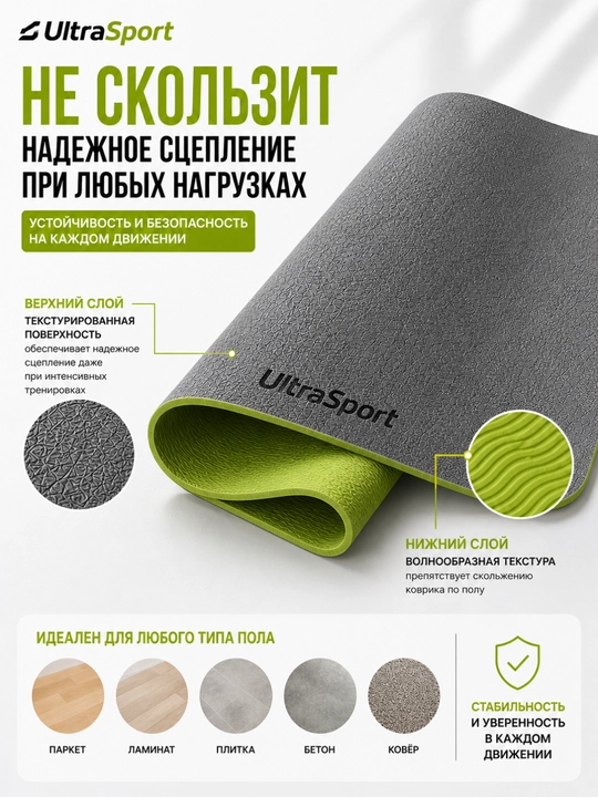 Yoga va fitnes uchun gilamcha UltraSport sirpanmaydigan