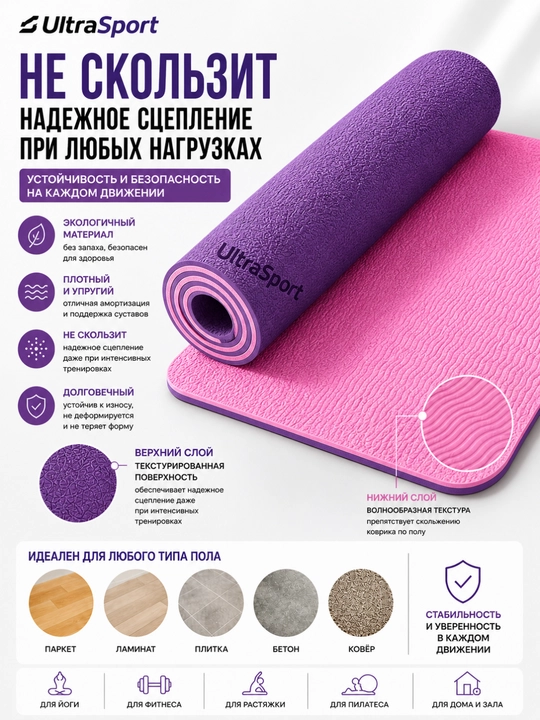 Yoga va fitnes uchun gilamcha UltraSport sirpanmaydigan
