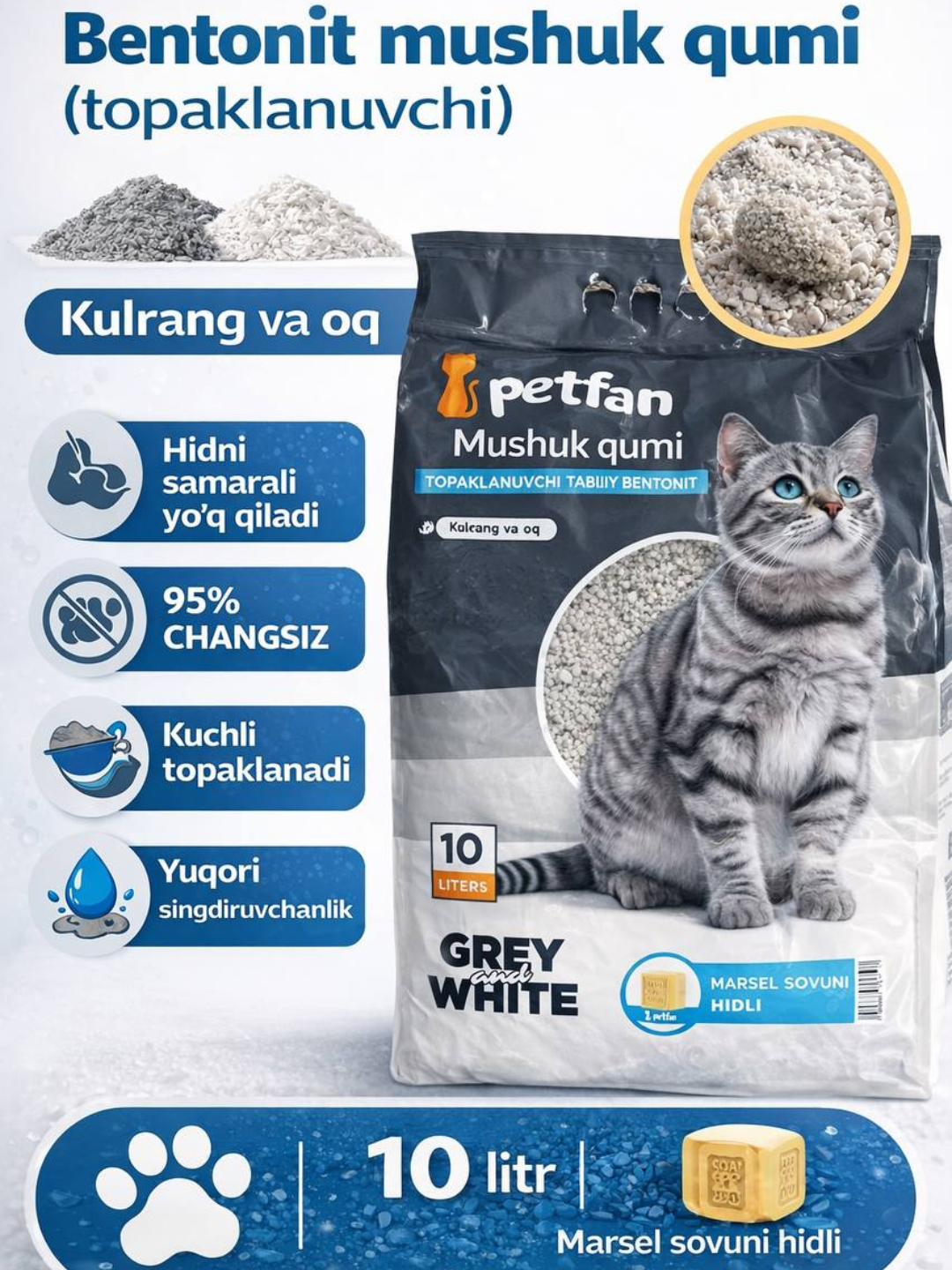 Mushuk hojatxonasi uchun Petfan Natural Bentonite to‘ldirgichi 10 l - 