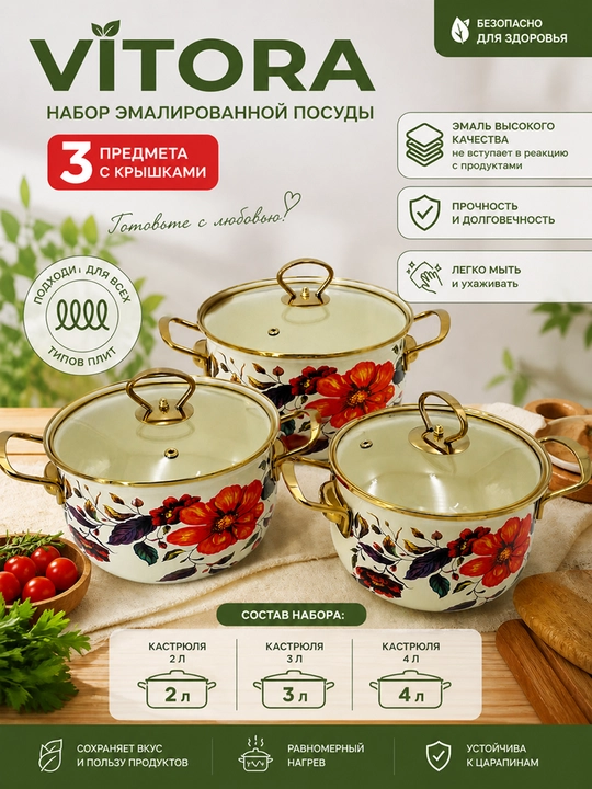 Набор кухонной посуды, эмалированная сталь, 2, 3, 4 л, в подарочной упаковке VITORA