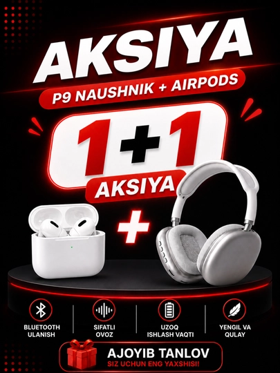 Беспроводные Bluetooth наушники P9 с микрофоном, 1+1, мощный бас, долго держит заряд