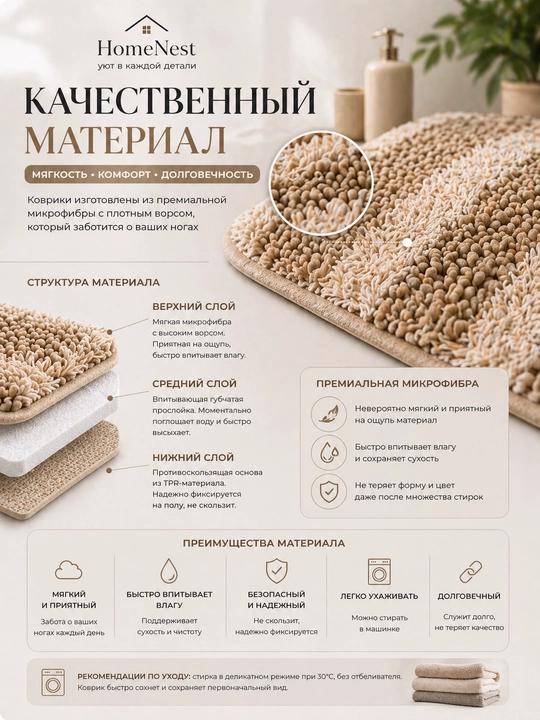 Коврики для ванной и туалета , набор 2 штуки,  100x60 и 60x40 противоскользящие