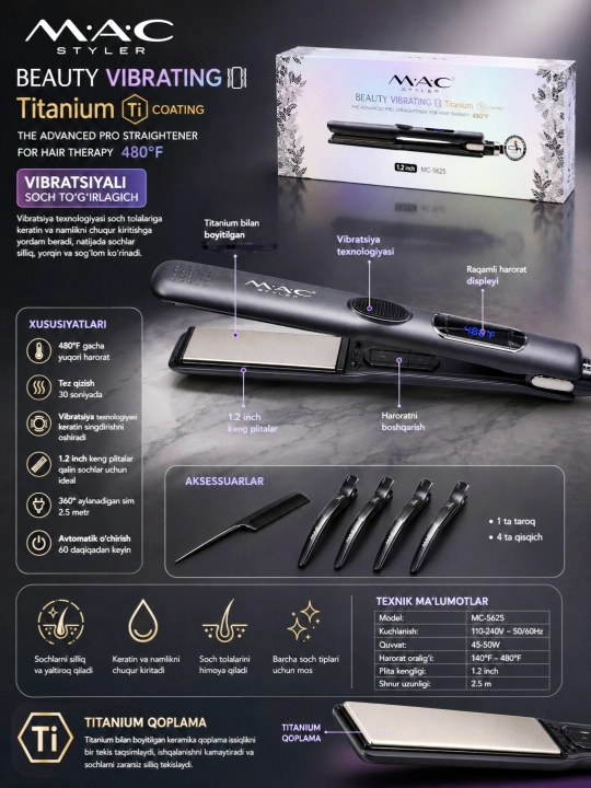 Titan qoplamali MAC Styler soch vibratsion to‘g‘rilagichi, qattiq qutida