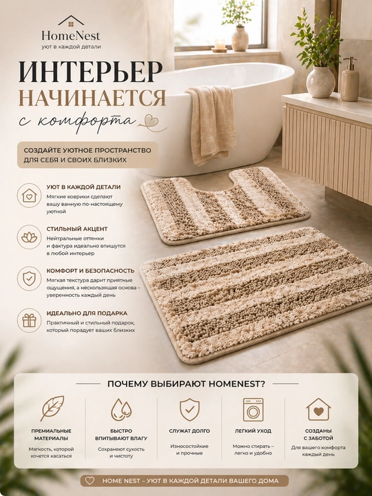 Коврики для ванной и туалета , набор 2 штуки,  100x60 и 60x40 противоскользящие
