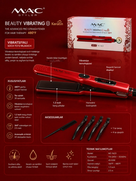 Titan qoplamali MAC Styler soch vibratsion to‘g‘rilagichi, qattiq qutida