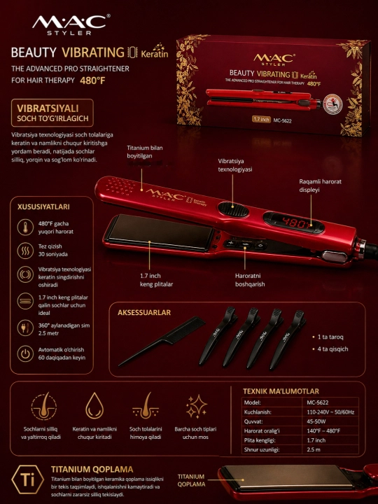 Titan qoplamali MAC Styler soch vibratsion to‘g‘rilagichi, qattiq qutida
