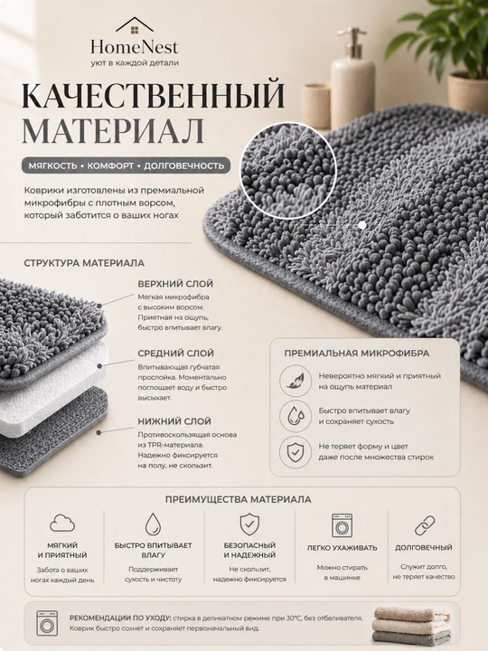 Коврики для ванной и туалета , набор 2 штуки,  100x60 и 60x40 противоскользящие
