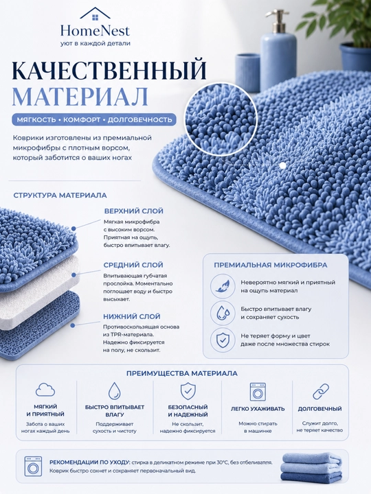 Коврики для ванной и туалета , набор 2 штуки,  100x60 и 60x40 противоскользящие