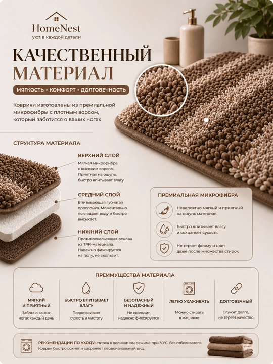 Коврики для ванной и туалета , набор 2 штуки,  100x60 и 60x40 противоскользящие