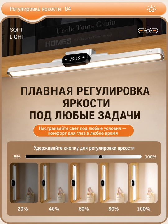 LED лампа с часами и пультом, 3 режима света, диммер, аккумулятор, Type-C