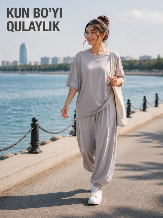 Ayollar oversize kostyumi, uy va sayr uchun, futbolka va shim sultanka