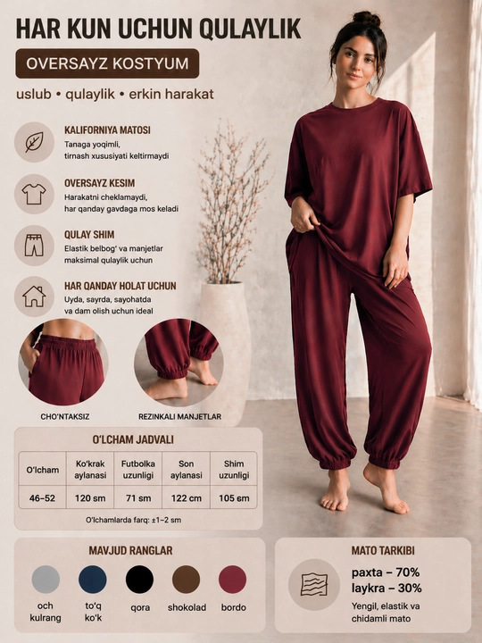 Ayollar oversize kostyumi, uy va sayr uchun, futbolka va shim sultanka