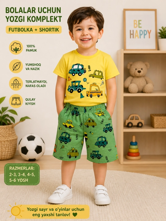 O`g`il va qiz bolalar uchun futbolka va shortik to‘plami, uy kiyimi pijamasi
