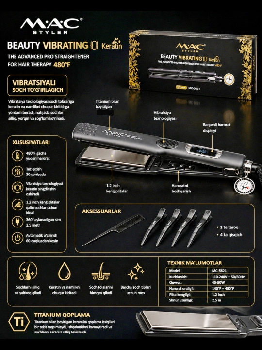 Titan qoplamali MAC Styler soch vibratsion to‘g‘rilagichi, qattiq qutida