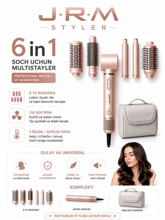 Soch quritgich fen Airwrap JRM styler, 6 tasi 1 da, avtomatik ployka va turmaklash