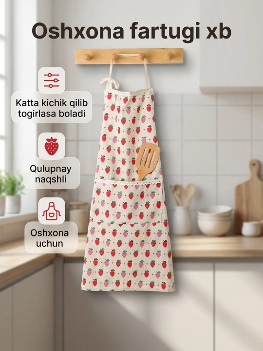 Ayollar uchun oshxona fartugi, cho'ntaklar bilan va universal