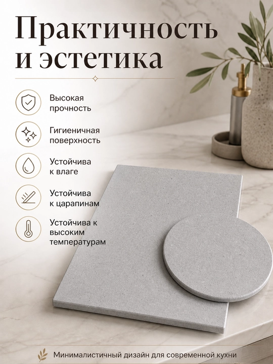 Набор разделочных досок из эко-камня, серый цвет с вкраплениями, прямоугольная и круглая