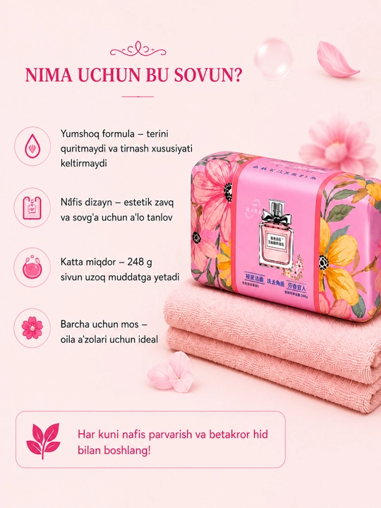 Tabiiy xo‘shbo‘y atir sovun, kosmetik sovun – nafis hid va mukammal tozalik bir sovunda