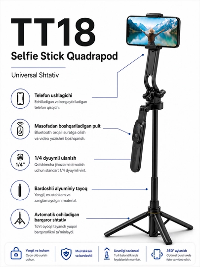 TT18 Selfie Stick Tripod Bluetooth Pultli 4 Oyoqli Telefon Stativ iPhone Android uchun - 