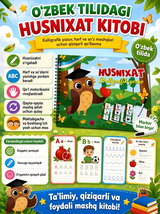 Bolalar uchun yozuv mashq kitobi markerli o‘chiriladigan propis 3-6 yosh maktabgacha kitob - 