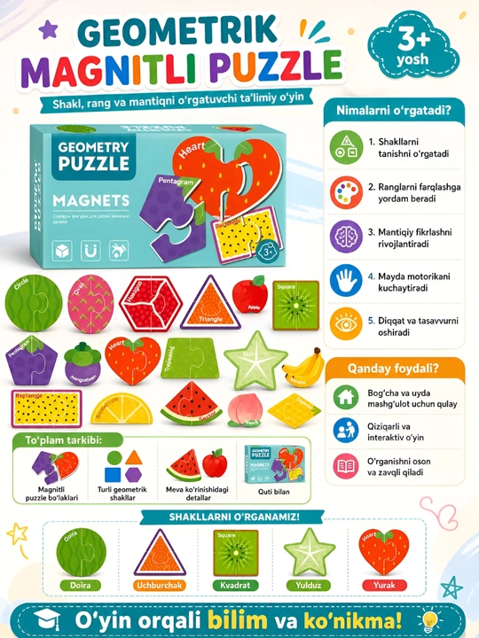 Magnitli puzzle bolalar uchun harflar raqamlar hayvonlar transport okean ferma 3+ - 