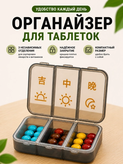 Таблетница, органайзер для таблеток, контейнер для лекарств, коробка для витаминов — HOMELO-TABLETNITSA-ТЕМНЗЕЛ