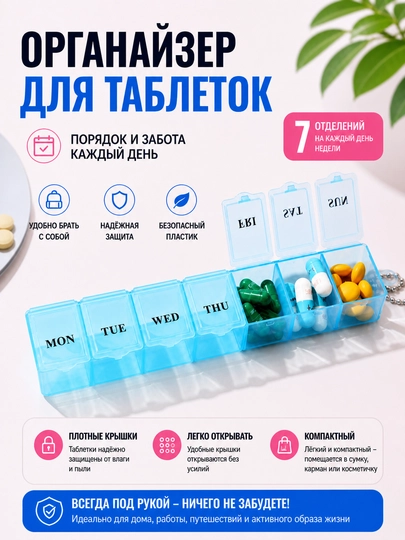 Таблетница, органайзер для таблеток, контейнер для лекарств, коробка для витаминов — HOMELO-TABLETNITSA-СИНМЕЛ