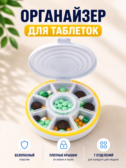 Таблетница, органайзер для таблеток, контейнер для лекарств, коробка для витаминов — HOMELO-TABLETNITSA-КОНФЕТН