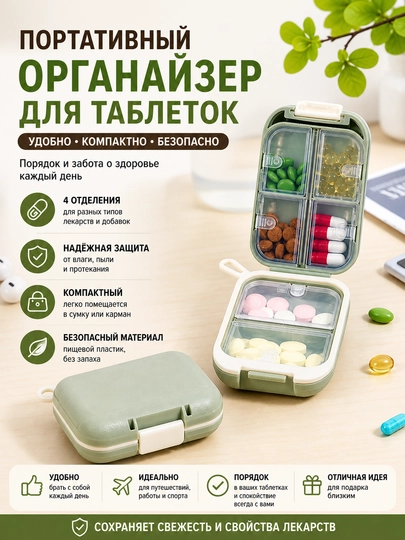 Таблетница, органайзер для таблеток, контейнер для лекарств, коробка для витаминов — HOMELO-TABLETNITSA-БИРЮЗ