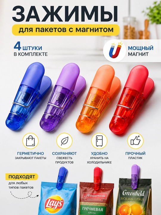 Klipsalar, paket qisqichlari, magnitli qisqichlar, oshxona qisqichlari - 