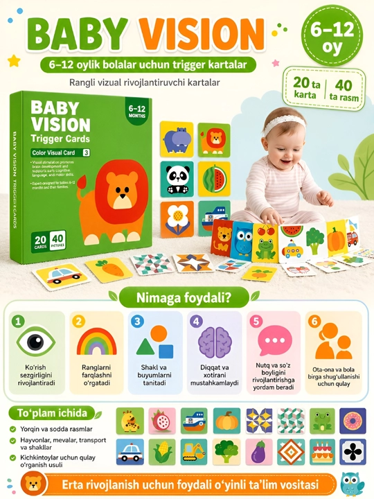 Bolalar uchun ko‘rgazmali rivojlantiruvchi kartochkalar, 3-36 oy, ta’limiy rasmlar to‘plami - 
