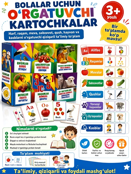 Bolalar uchun gul kartochkalari, 36 dona, rasmli o‘rgatuvchi rivojlantiruvchi kartochkalar 3+