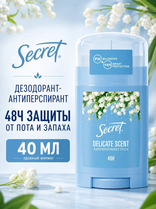 Secret Delicate ayollar uchun qattiq antiperspirant dezodorant, 40 ml, 48 soat himoya