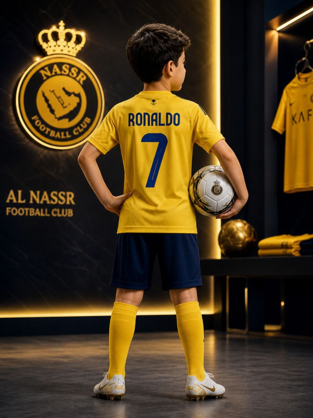 Mbappe, Lamin Yamal, Ronaldo va Husanov tasvirlangan bolalar futbolkalari