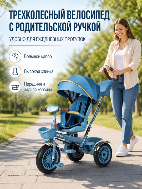 Детский трехколесный велосипед 1-6 лет двойное управление капюшон корзина Lottibaby - 