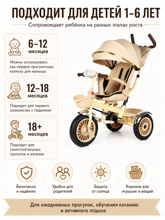 Bolalar uch gildirak velosiped 1-6 yosh ikki tomonlama boshqaruv soyabon savat Lottibaby