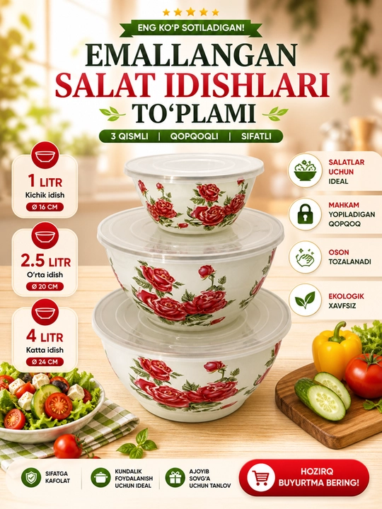 Набор эмалированных салатников, мисок с крышками, 1, 2.5, 4 литра - 