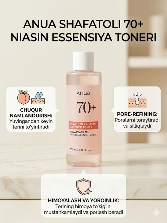 Yuz uchun toner-essensiya Anua Peach 70% Niacin Essence Toner, shaftoli bilan, 250 ml - 
