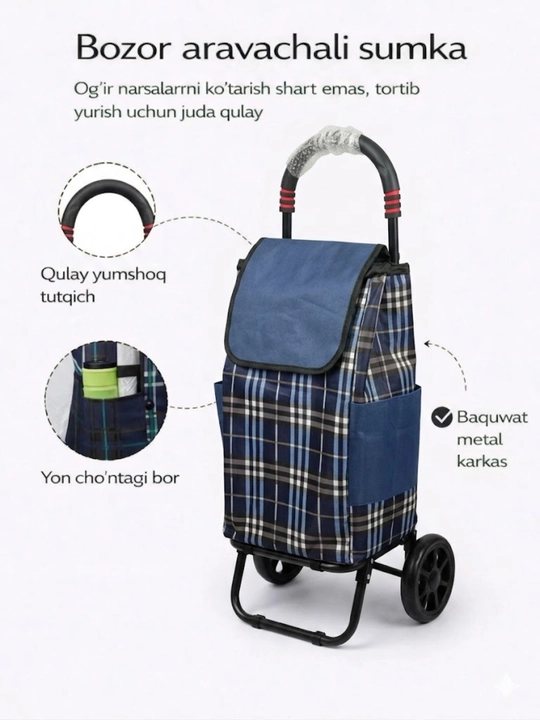 Arava sumka, shopper sumka, g'ildirakli sumka, bozor sumkasi, katta sumka, yuk sumka - 