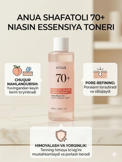 Yuz uchun toner-essensiya Anua Peach 70% Niacin Essence Toner, shaftoli bilan, 250 ml - 