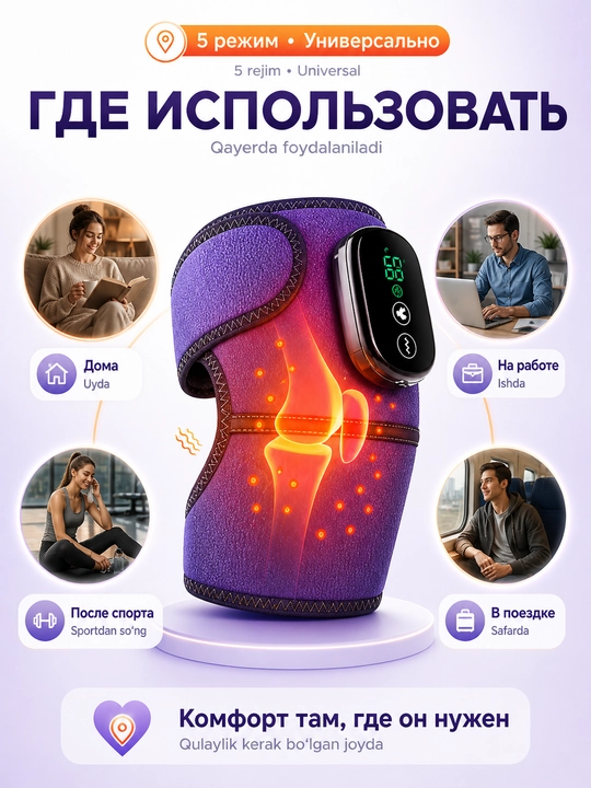 Электрический наколенник - массажер для колена, подогрев, вибромассаж, USB, 3 режима