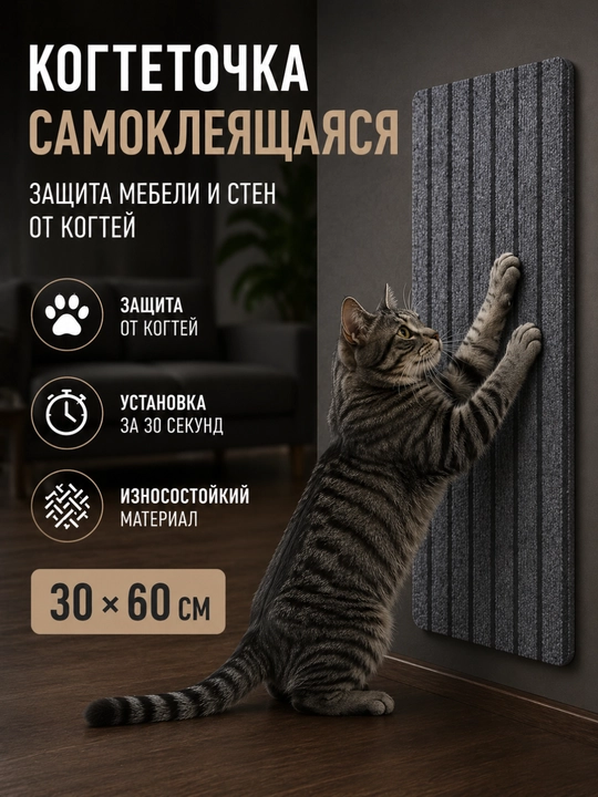 Когтеточка для кошки самоклеящаяся 30х60 см, защита мебели, стен и дивана от когтей - 