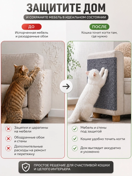 Когтеточка для кошки самоклеящаяся 30х60 см, защита мебели, стен и дивана от когтей