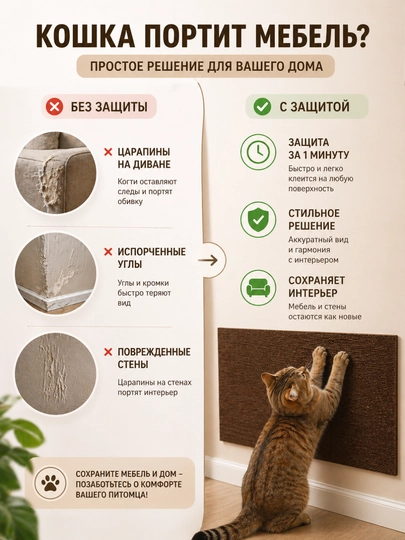 Когтеточка для кошки самоклеящаяся 30х60 см, защита мебели, стен и дивана от когтей